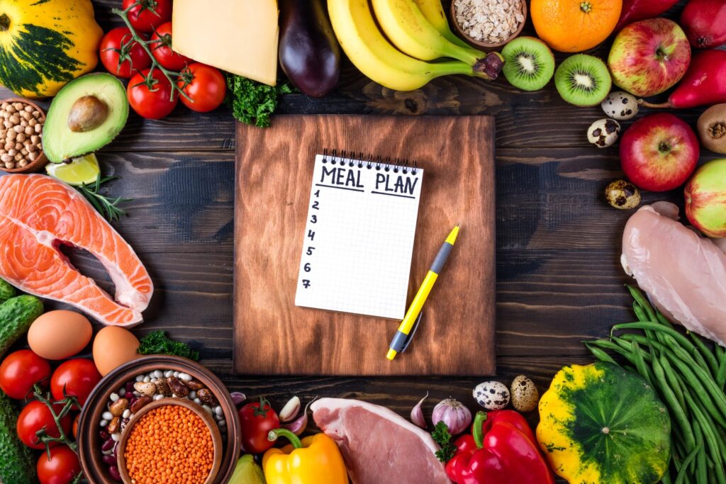 Meal Planning list surrounded by healthy food.