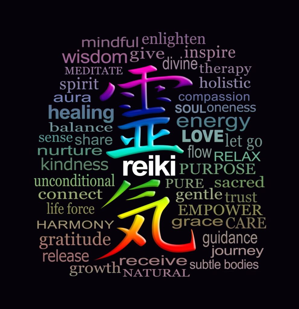 Word art with many words that are associated with Reiki.