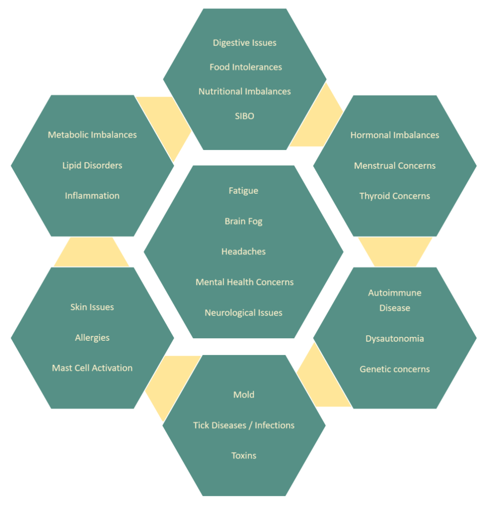 Infographic of conditions helped by using an integrative medicine approach.