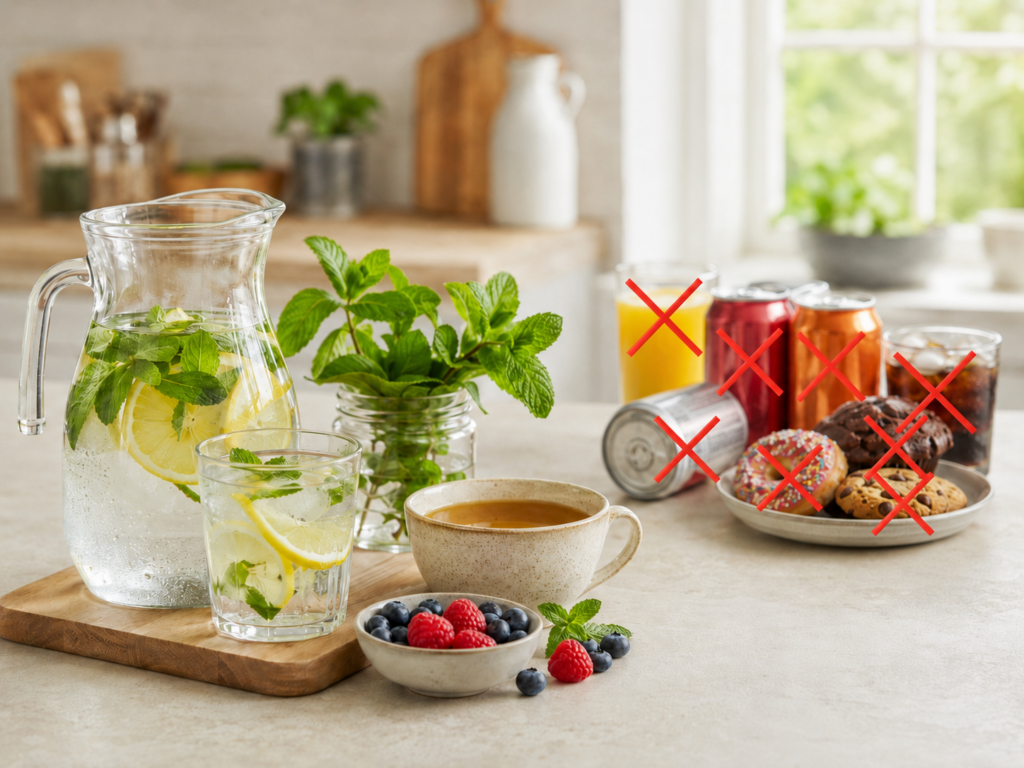 Pitcher of water with mint and high sugary foods and drinks crossed out in the background.