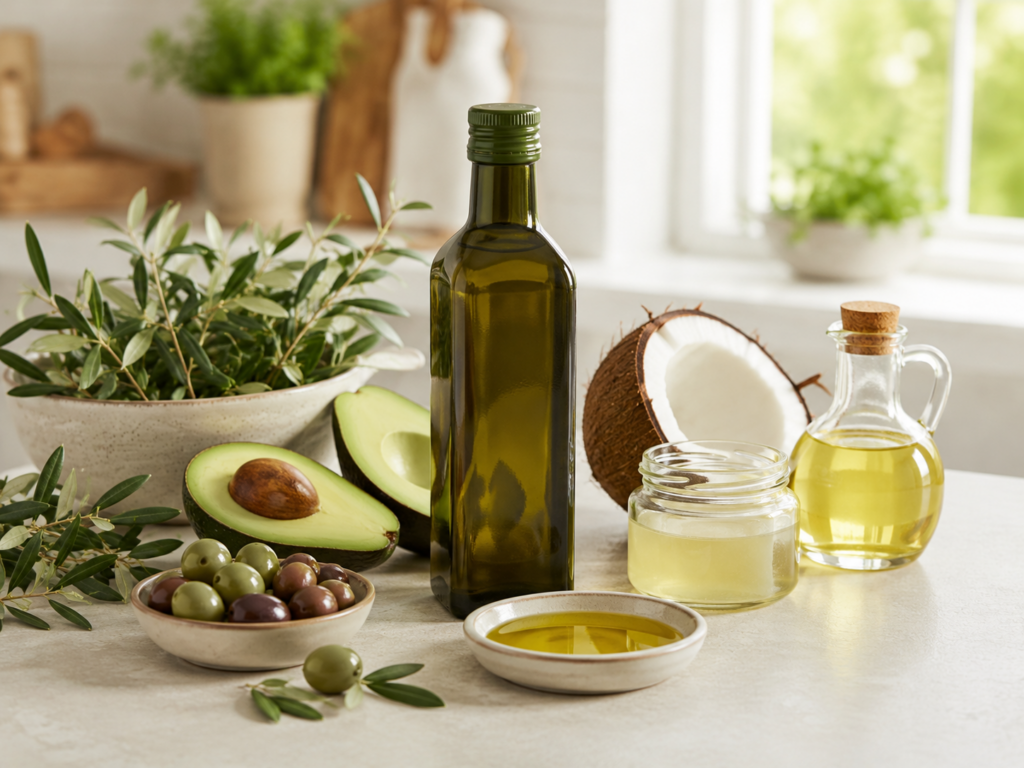 A spread of different healthy oils.