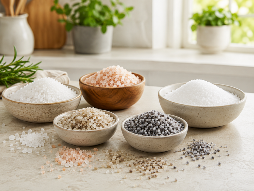 A spread of unprocessed sea salts versus refined salt.