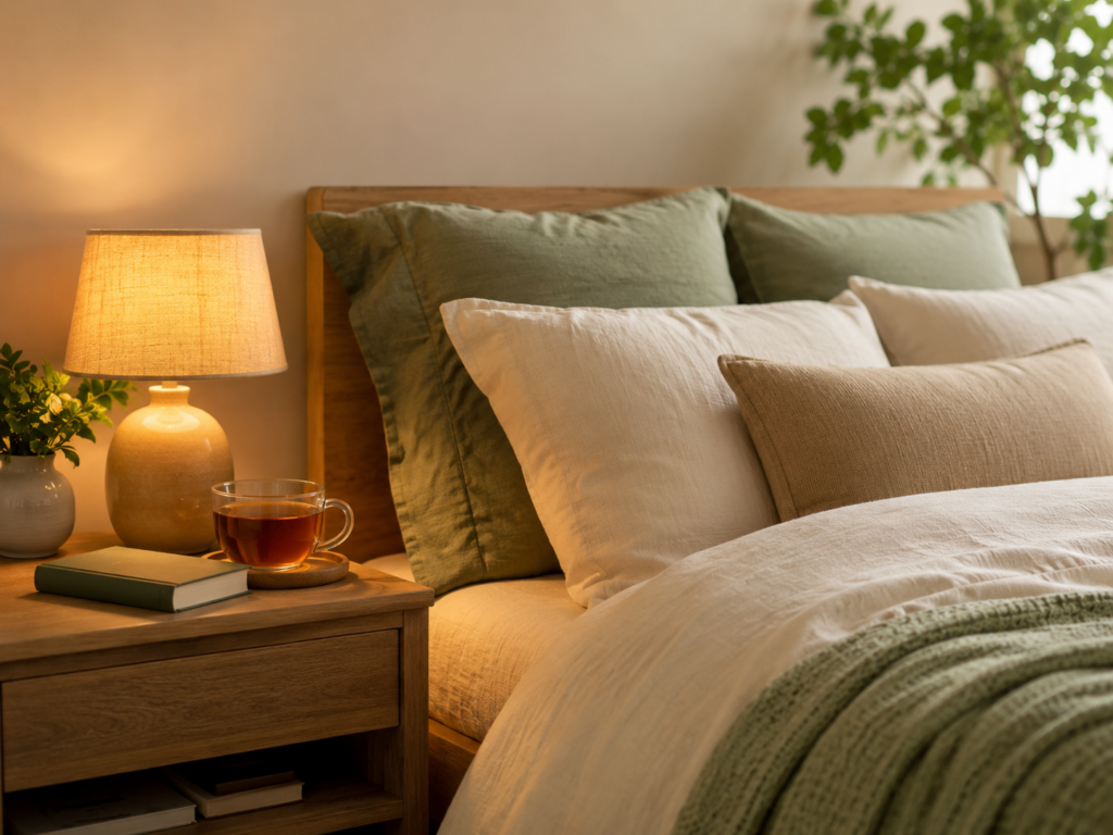 Low lighting in a bedroom.