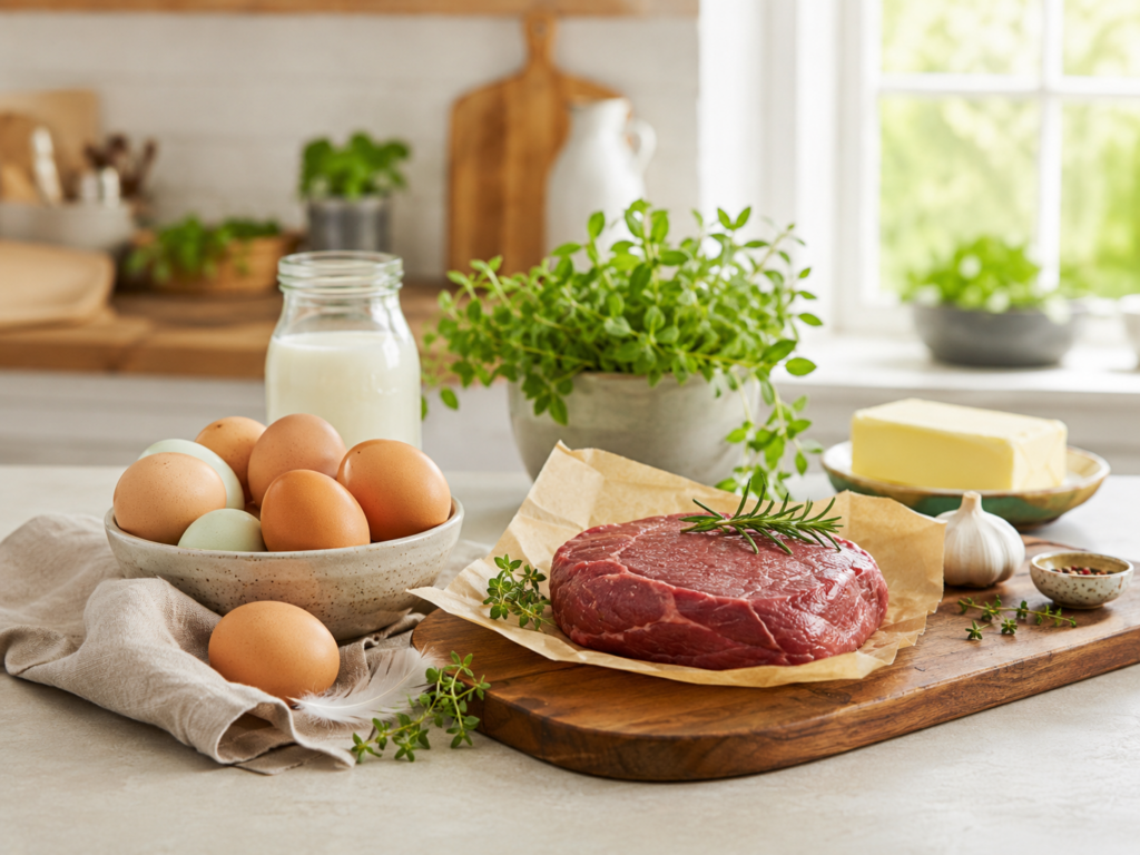Picture of grass fed and pasture raised meat, eggs and dairy