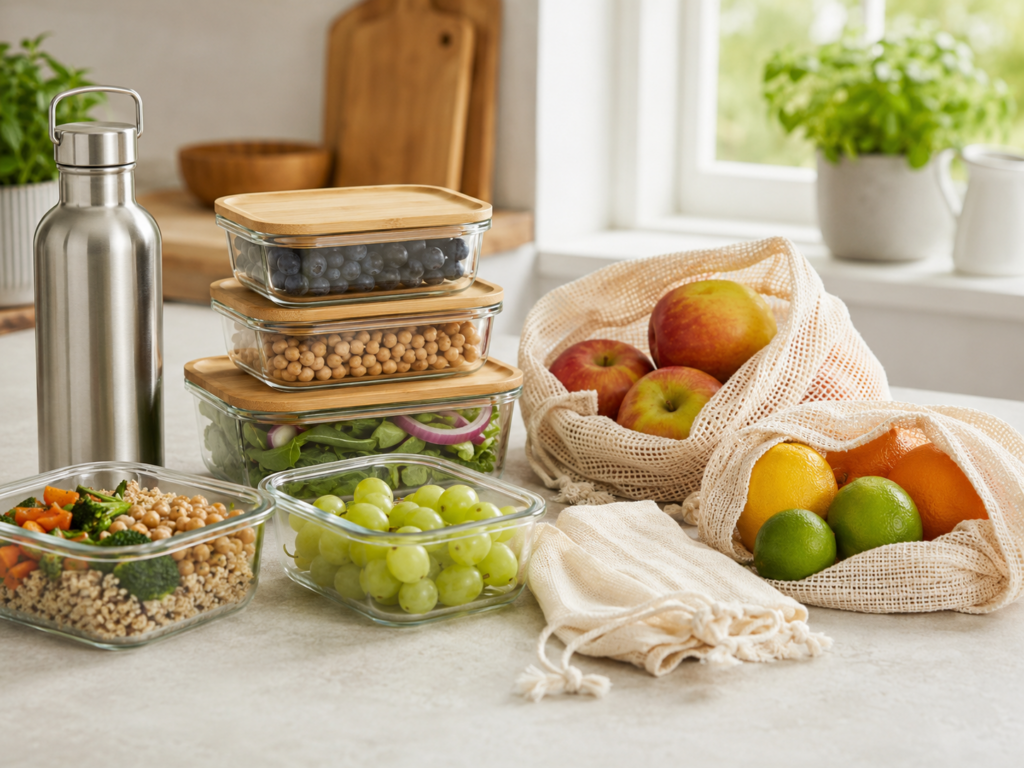 Picture of glass food containers and plastic free bags.