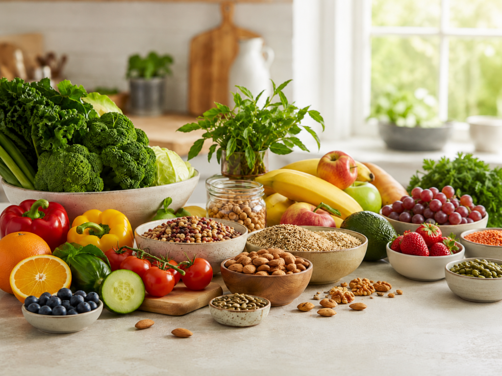 A spread of whole foods on a countertop.